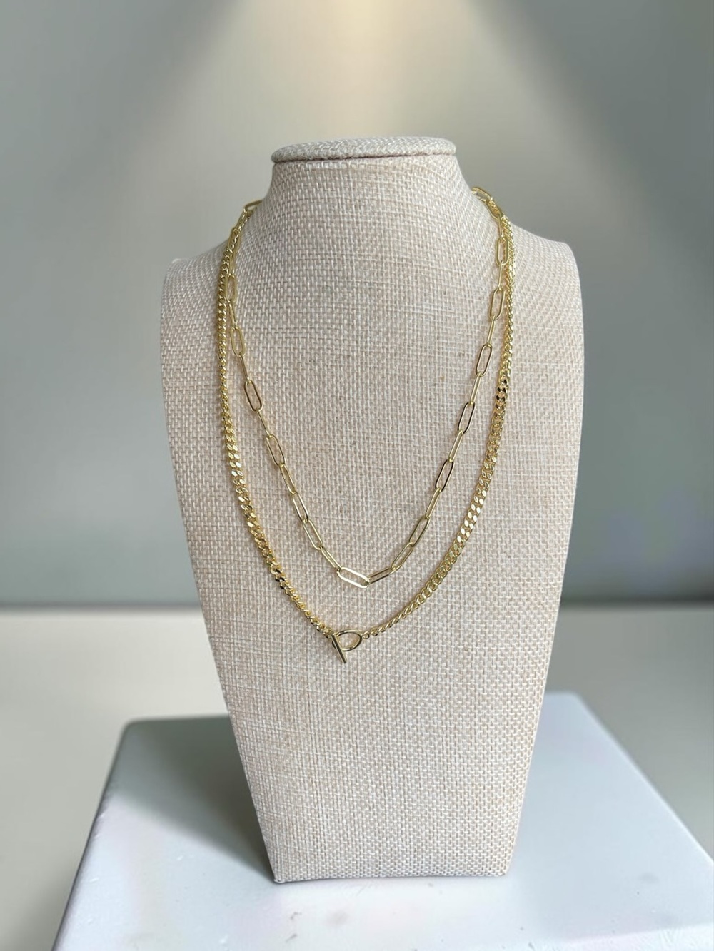 Gold Tone Layered Paperclip & Curb Chain Toggle Necklace